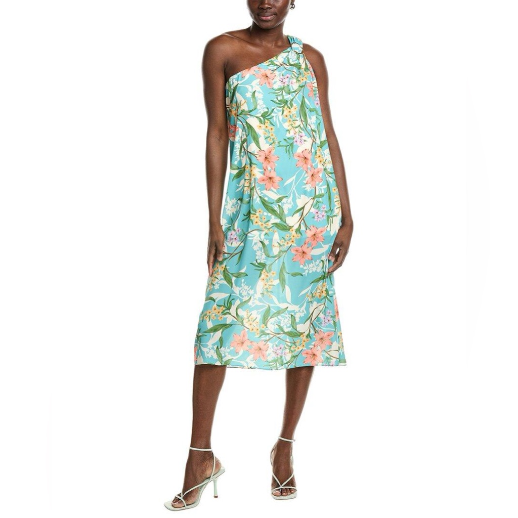 Laundry By Shelli Segal One-Shoulder Floral Dress In Aqua And Coral